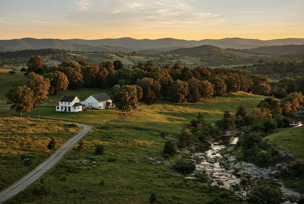 Ozarks farm, creek, and home at sundown
